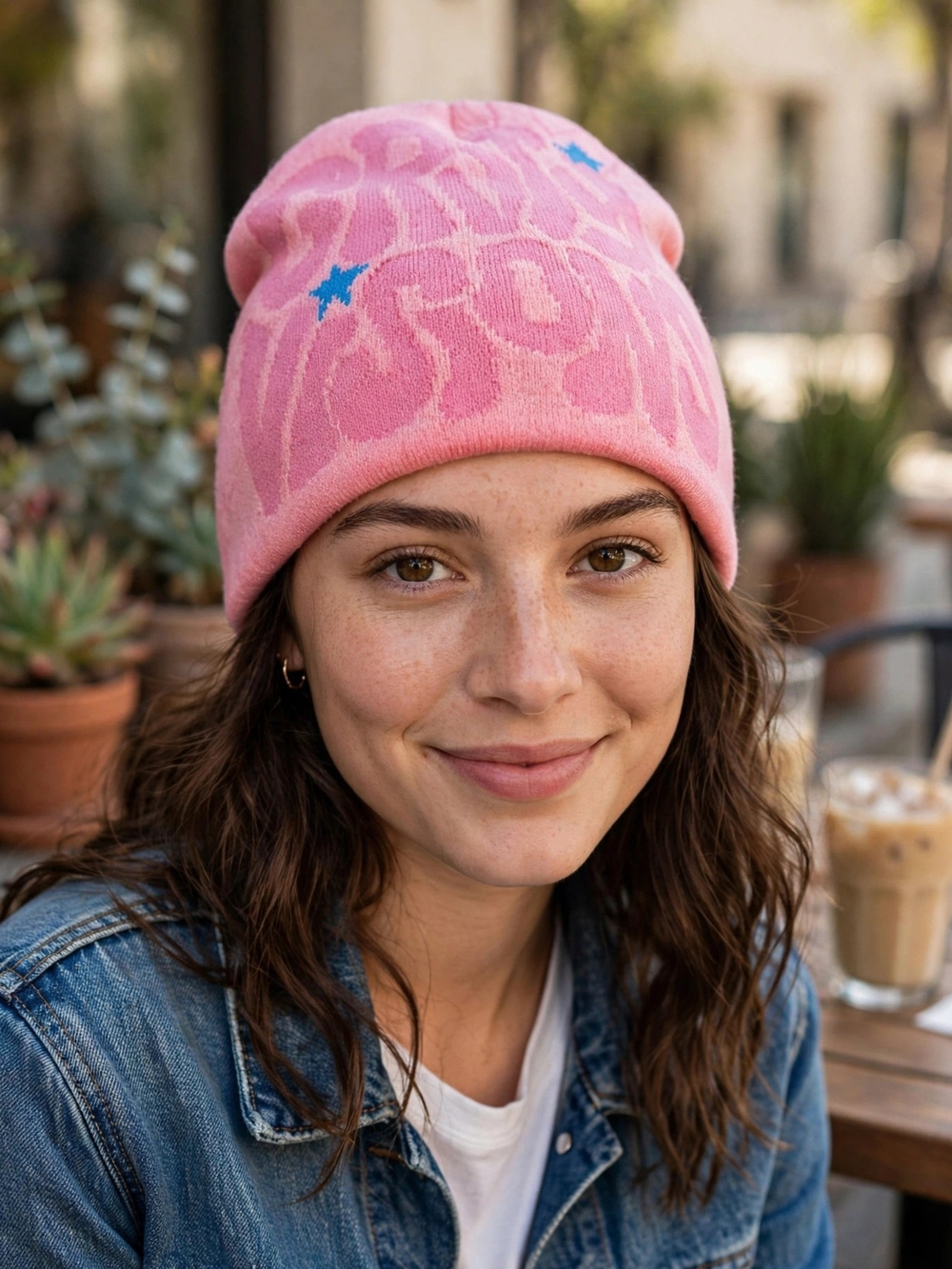 NWOT Pink Knit Beanie with Blue Star Accent